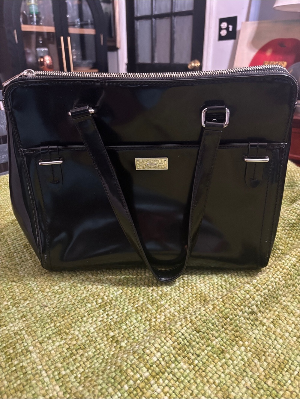 Lauren Ralph Lauren Black Patent Shoulder Bag with sliver Plaque